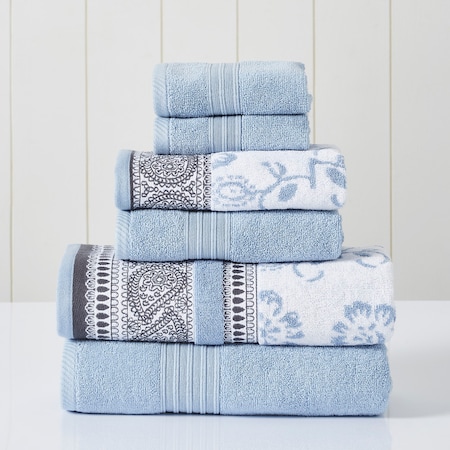 Modern Threads 6-Piece Yarn Dyed Jacquard/Solid Towel Set Ophelia Blue